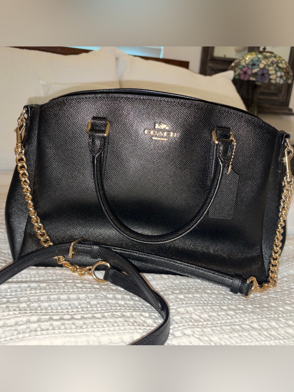 Coach Black Leather Shoulder Satchel with Gold Chain Trim